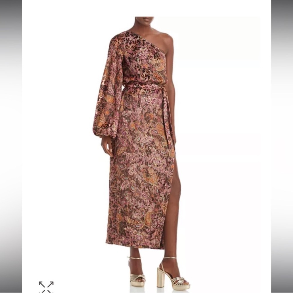 HEMANT & NANDITA One-Shoulder Paisley Maxi Dress in Rose and Gold
